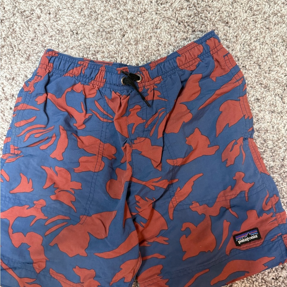 Patagonia Blue and Red Swim Trunks with Tropical Print